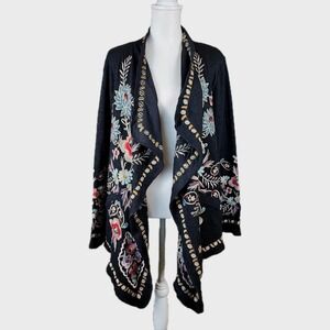 Time for Me Open Front Embroidered Waterfall Cardigan Sweater Women Medium Black